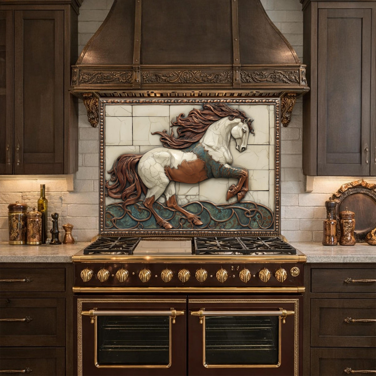 Galloping Horse Tempered Glass Backsplash, Copper Look Stallion Wall Panel, Custom Size