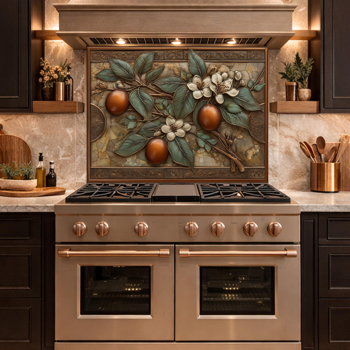 Botanical Lemon Tempered Glass Backsplash, Copper Look Citrus Fruit Wall Panel, Custom Size