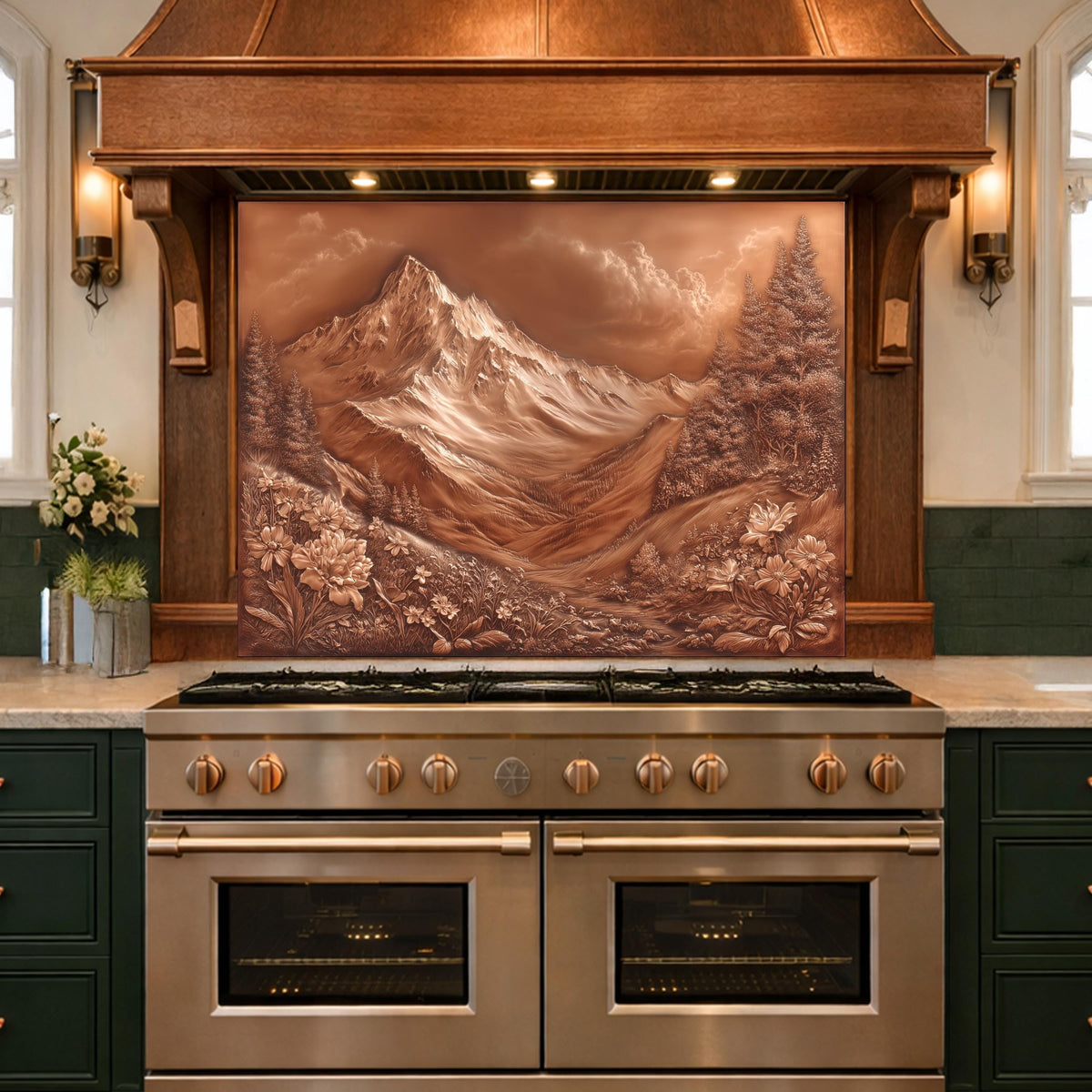Majestic Mountain Peaks Backsplash, Copper Look Alpine Landscape Wall Panel, Custom Size