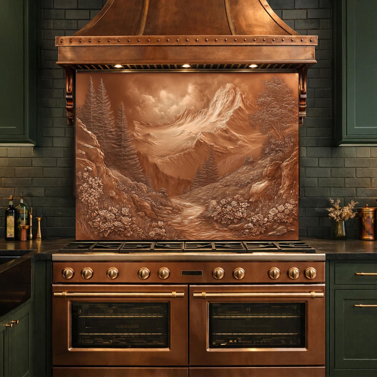 Alpine Peak Tempered Glass Backsplash, Copper Look Mountain and Valley Wall Panel, Custom Size