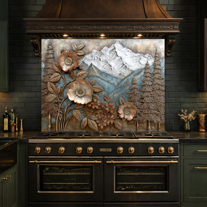 Alpine Peak Forest Backsplash, Copper Look Mountain and Flower Wall Panel, Custom Size