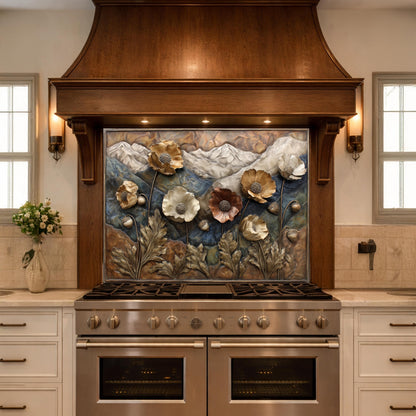 Alpine Poppies Tempered Glass Backsplash, Copper Look Mountain and Flower Wall Panel, Custom Size