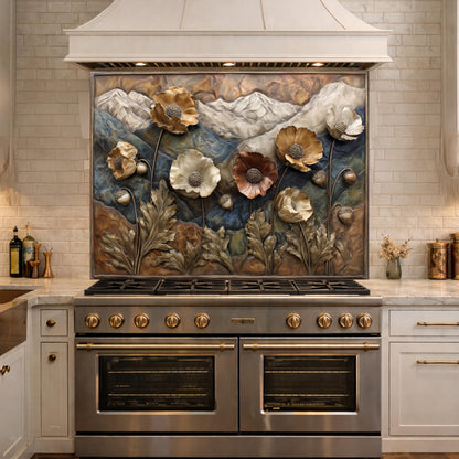 Alpine Poppies Tempered Glass Backsplash, Copper Look Mountain and Flower Wall Panel, Custom Size