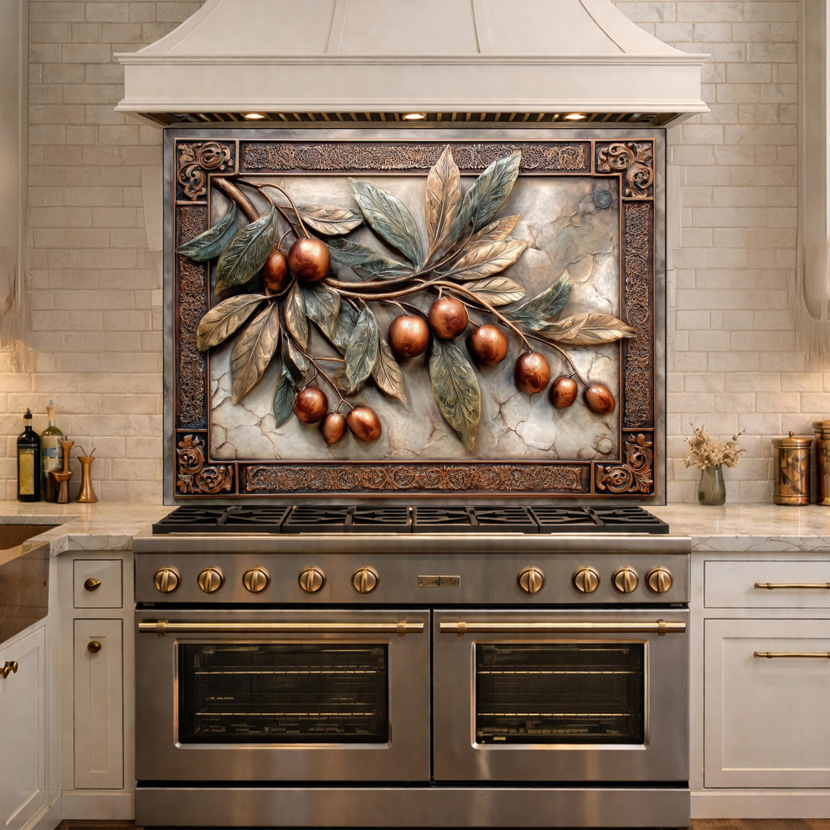 Elegant Olive Branch Backsplash, Copper Look Fruit Wall Panel, Mediterranean Decor, Custom Size