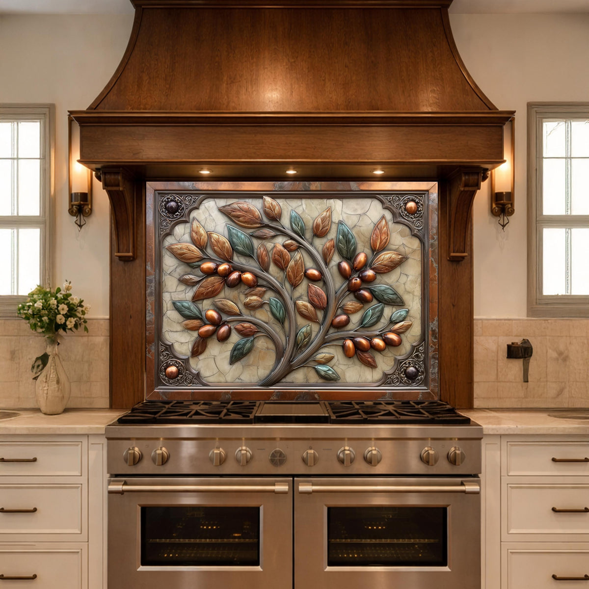 Rustic Olive Tree Backsplash, Copper Look Fruit Wall Panel, Mediterranean Kitchen Decor, Custom Size