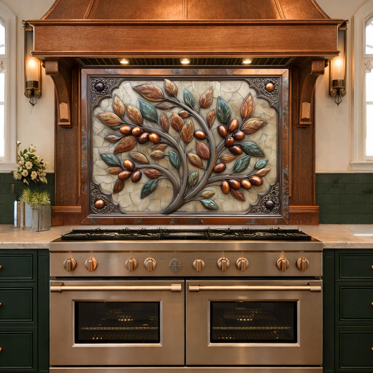 Rustic Olive Tree Backsplash, Copper Look Fruit Wall Panel, Mediterranean Kitchen Decor, Custom Size