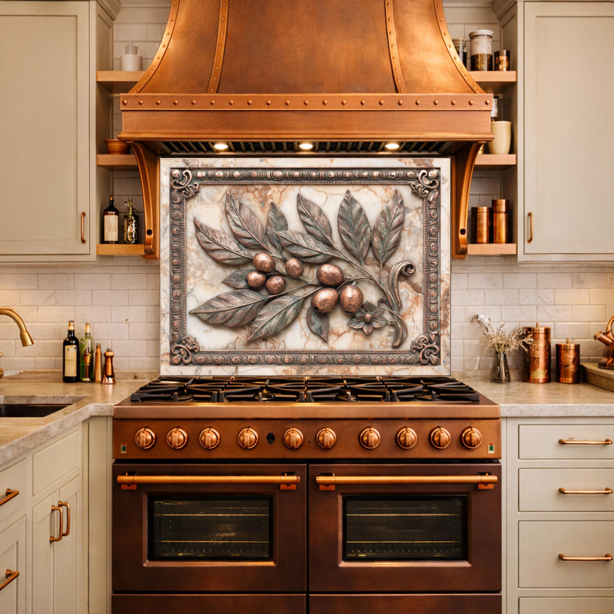 Mediterranean Olive Branch Backsplash, Copper Look Fruit Wall Panel, Marble Texture, Custom Size