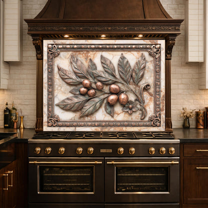 Mediterranean Olive Branch Backsplash, Copper Look Fruit Wall Panel, Marble Texture, Custom Size