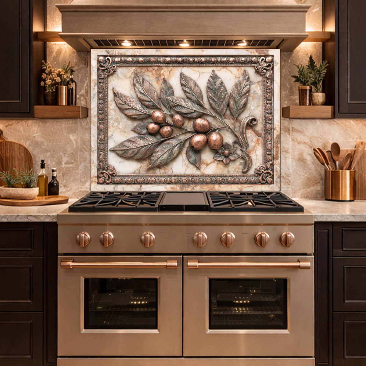 Mediterranean Olive Branch Backsplash, Copper Look Fruit Wall Panel, Marble Texture, Custom Size