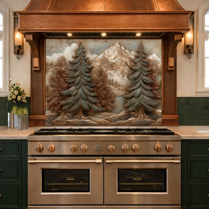Alpine Pine Forest Backsplash, Copper Look Mountain Landscape Wall Panel, Custom Size