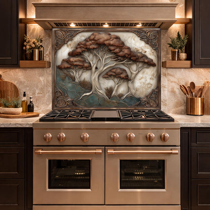 Majestic Oak Trees Backsplash, Copper Look Nature Wall Panel, Rustic Forest Decor, Custom Size