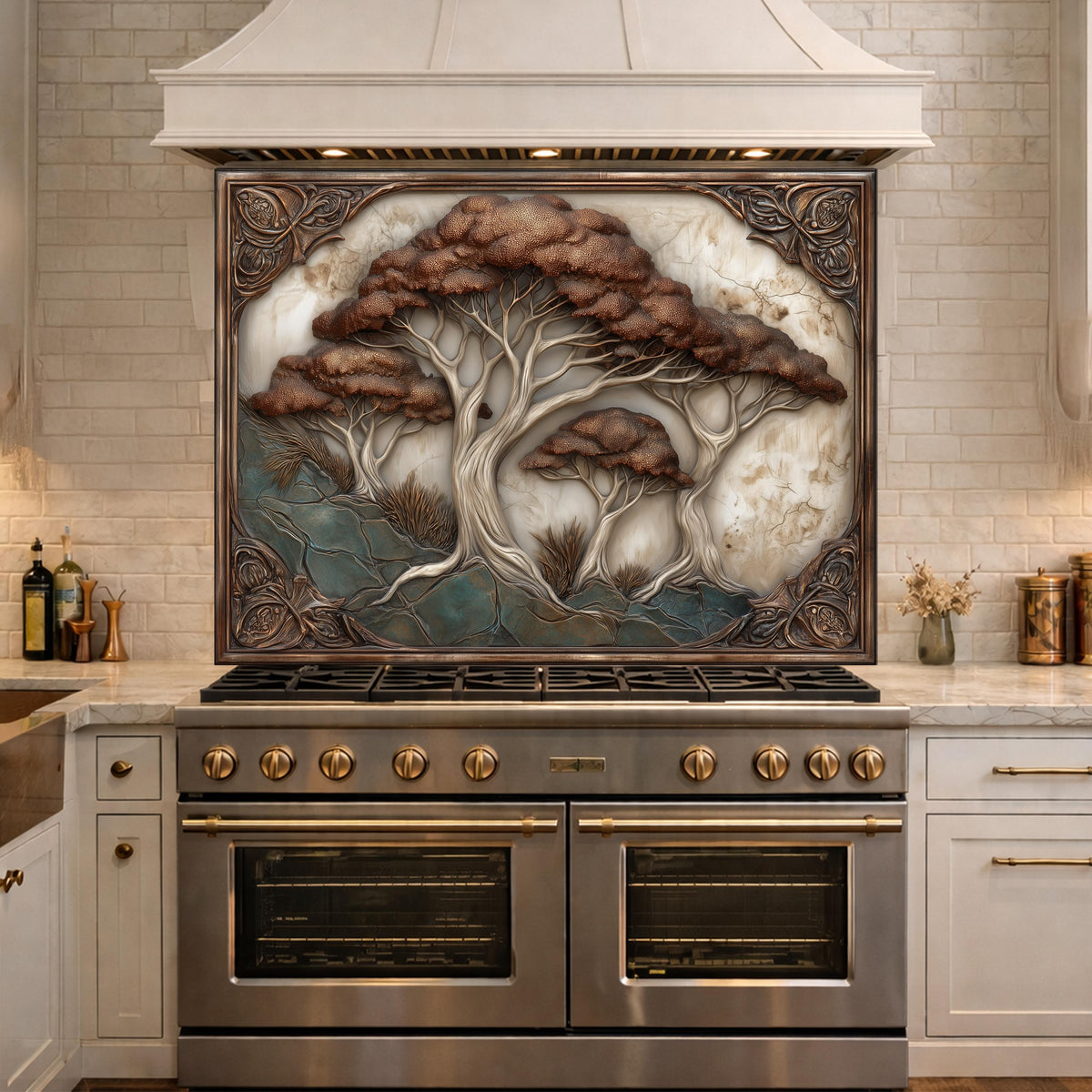 Majestic Oak Trees Backsplash, Copper Look Nature Wall Panel, Rustic Forest Decor, Custom Size
