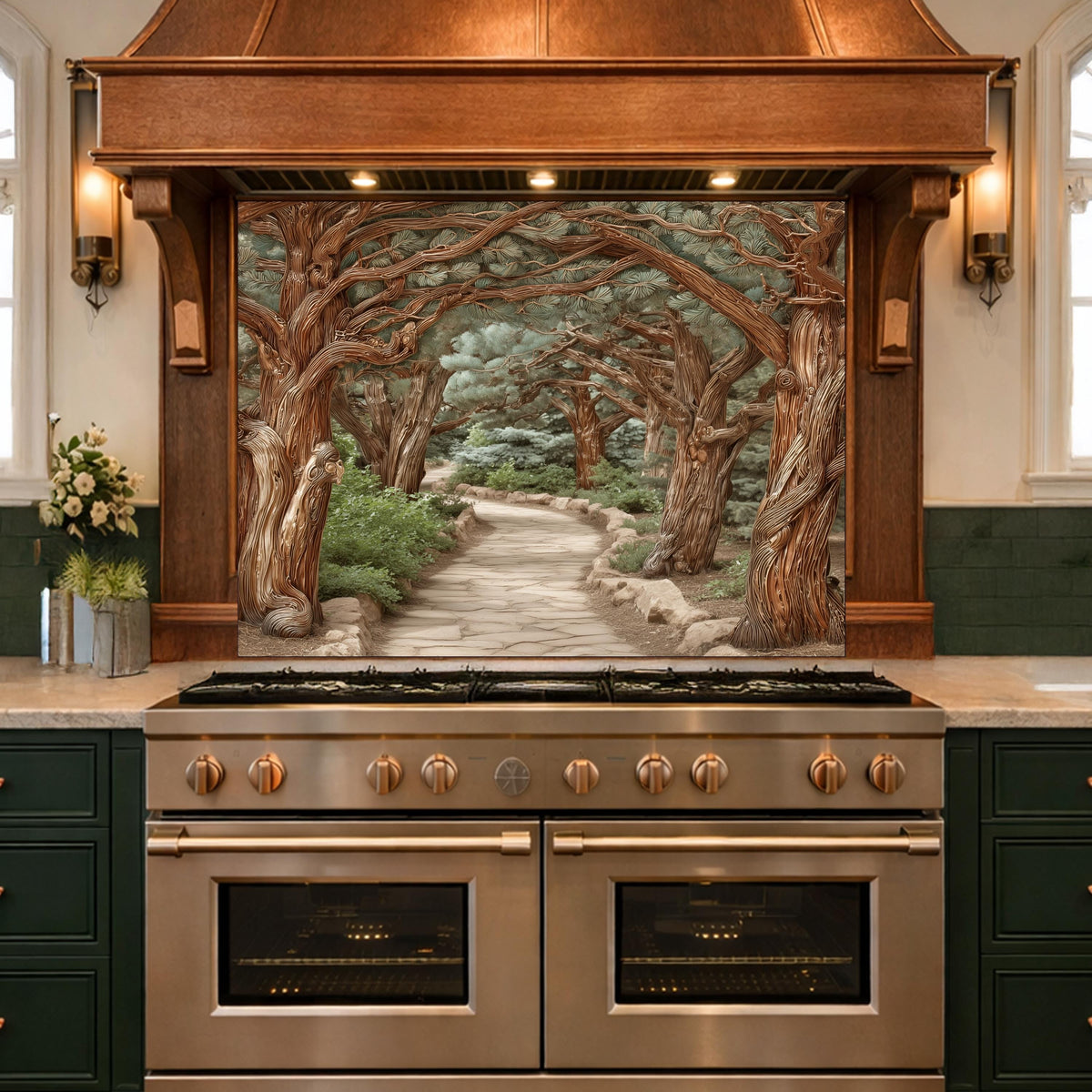 Enchanted Forest Path Backsplash, Copper Look Curved Trees Wall Panel, Nature Decor, Custom Size