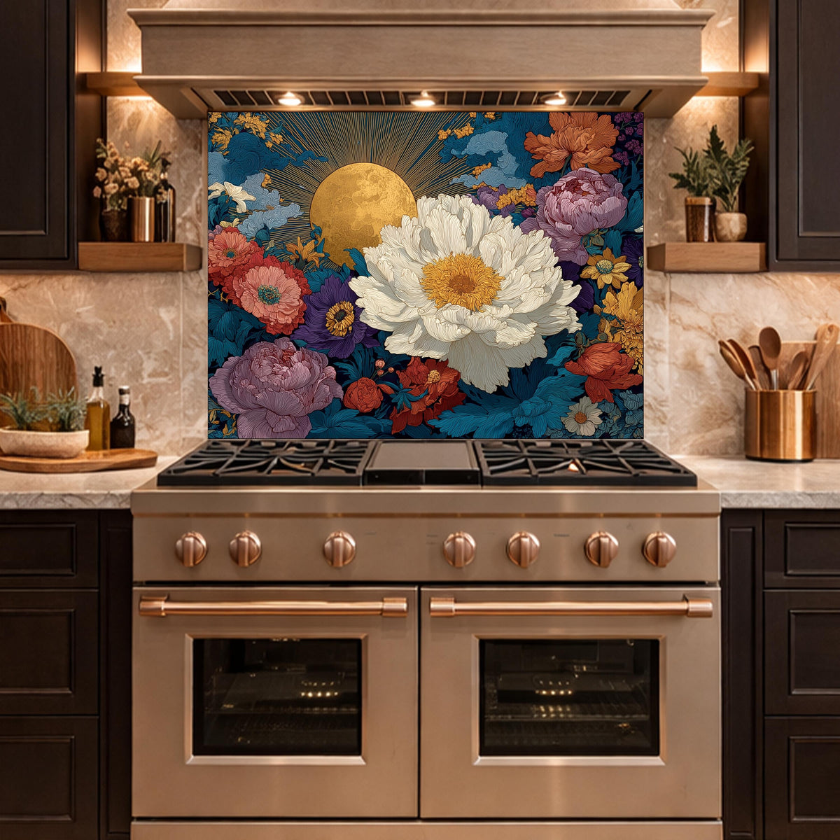 May include: A stainless steel range with a floral backsplash featuring a large white flower with a yellow center, surrounded by other colorful flowers and a golden sun against a blue sky. The kitchen has dark cabinets and wooden shelves.