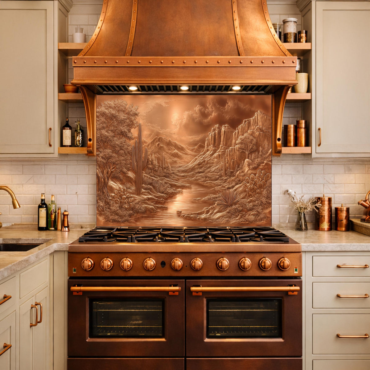 May include: A copper range hood and backsplash with a desert landscape design. The kitchen features a brown stove with copper accents, light-colored cabinets, and shelves. The backsplash depicts a river flowing through a canyon.