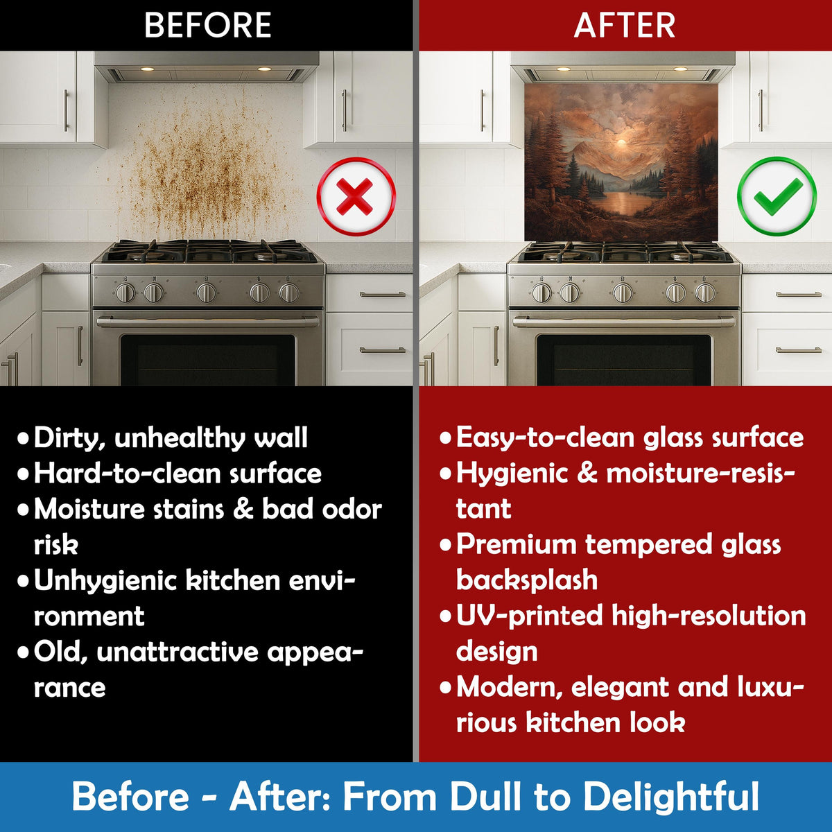 Moroccan Style Glass Backsplash, Blue Geometric Stove Guard, Heat Resistant Easy Clean Kitchen Art