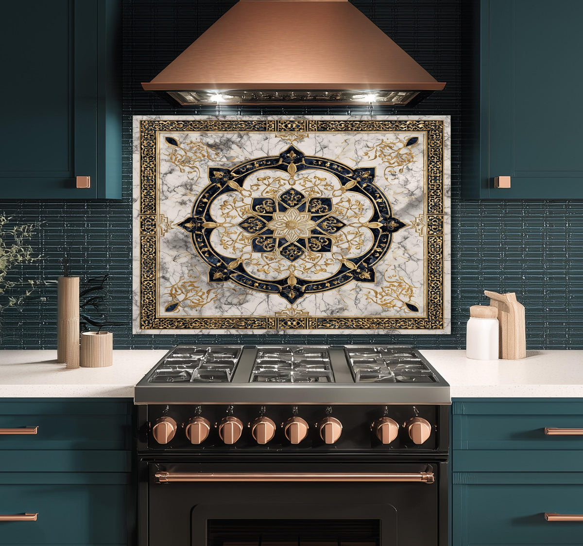 Golden Ornamental Medallion Glass Backsplash, Navy Filigree Stove Guard, Heat Resistant Marble Art