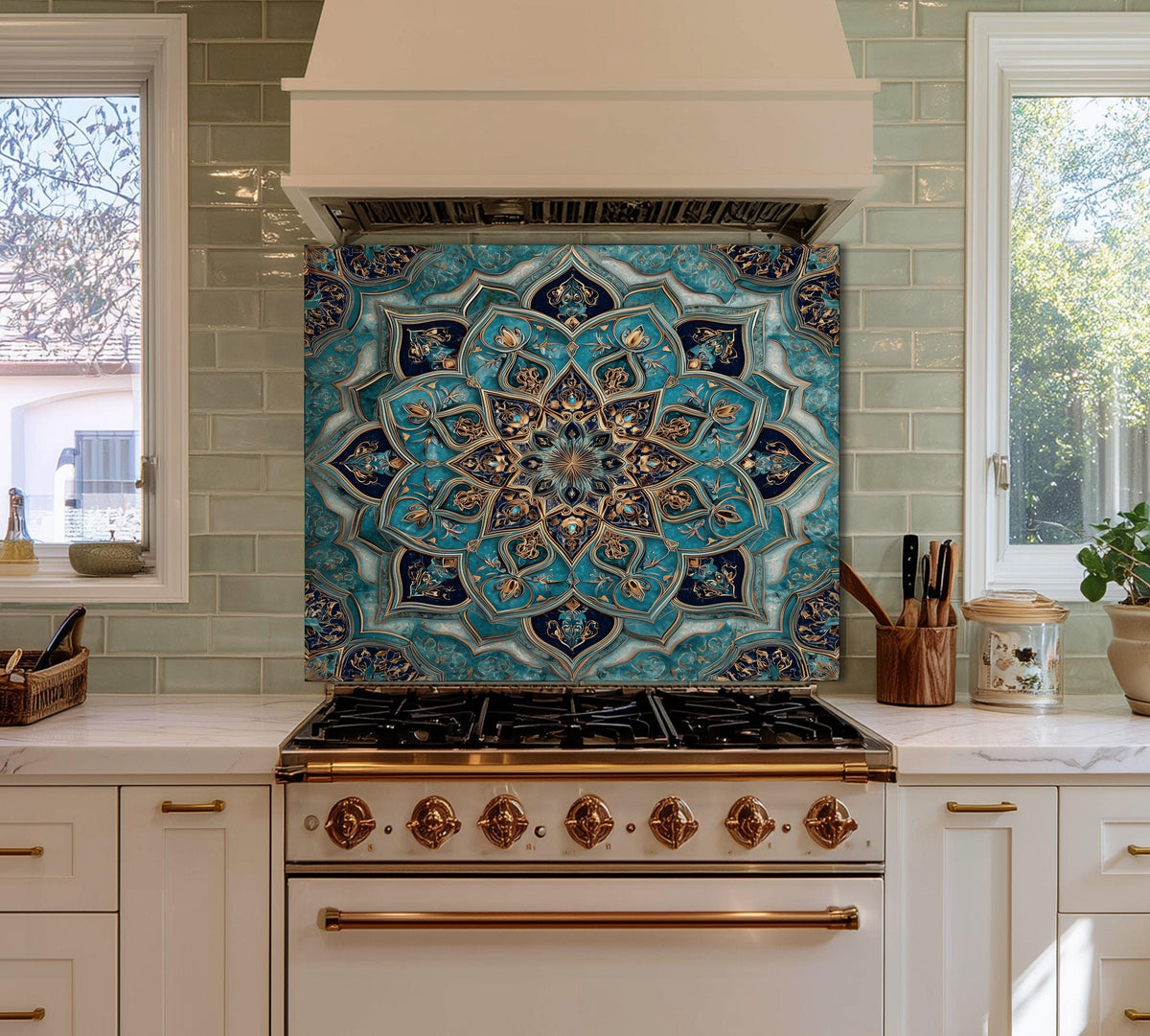 Golden Ornamental Medallion Glass Backsplash, Navy Filigree Stove Guard, Heat Resistant Marble Art