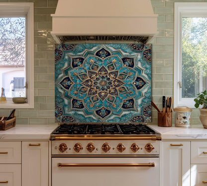 Golden Ornamental Medallion Glass Backsplash, Navy Filigree Stove Guard, Heat Resistant Marble Art