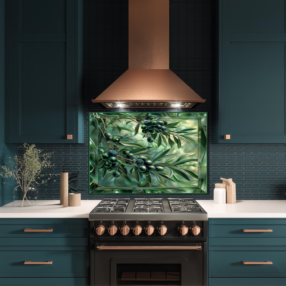 Glass Backsplash for Kitchen, Easy Clean Tempered Glass Panel, Green Olive Garden Design