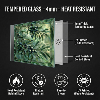 Glass Backsplash for Kitchen, Easy Clean Tempered Glass Panel, Green Olive Garden Design