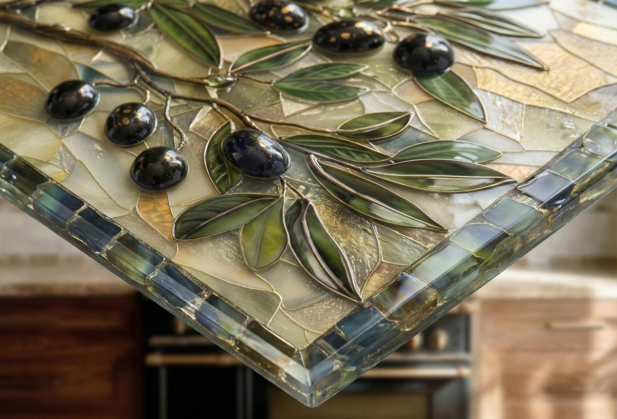 Glass Backsplash for Kitchen, Easy Clean Tempered Glass Panel, Antique Olive Mosaic Design