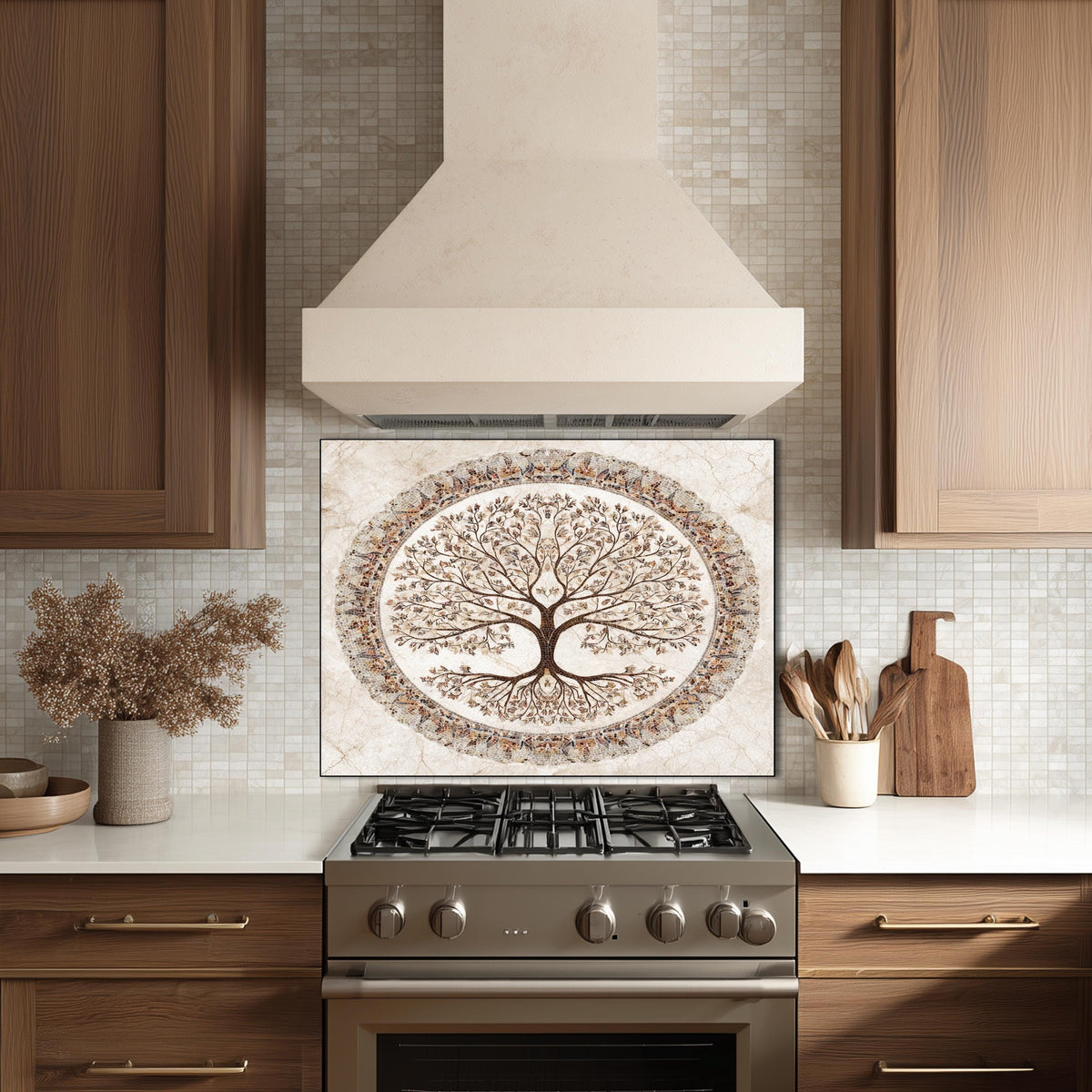 Glass Backsplash for Kitchen, Heat Resistant Tempered Panel, Autumn Tree Mosaic Medallion Art