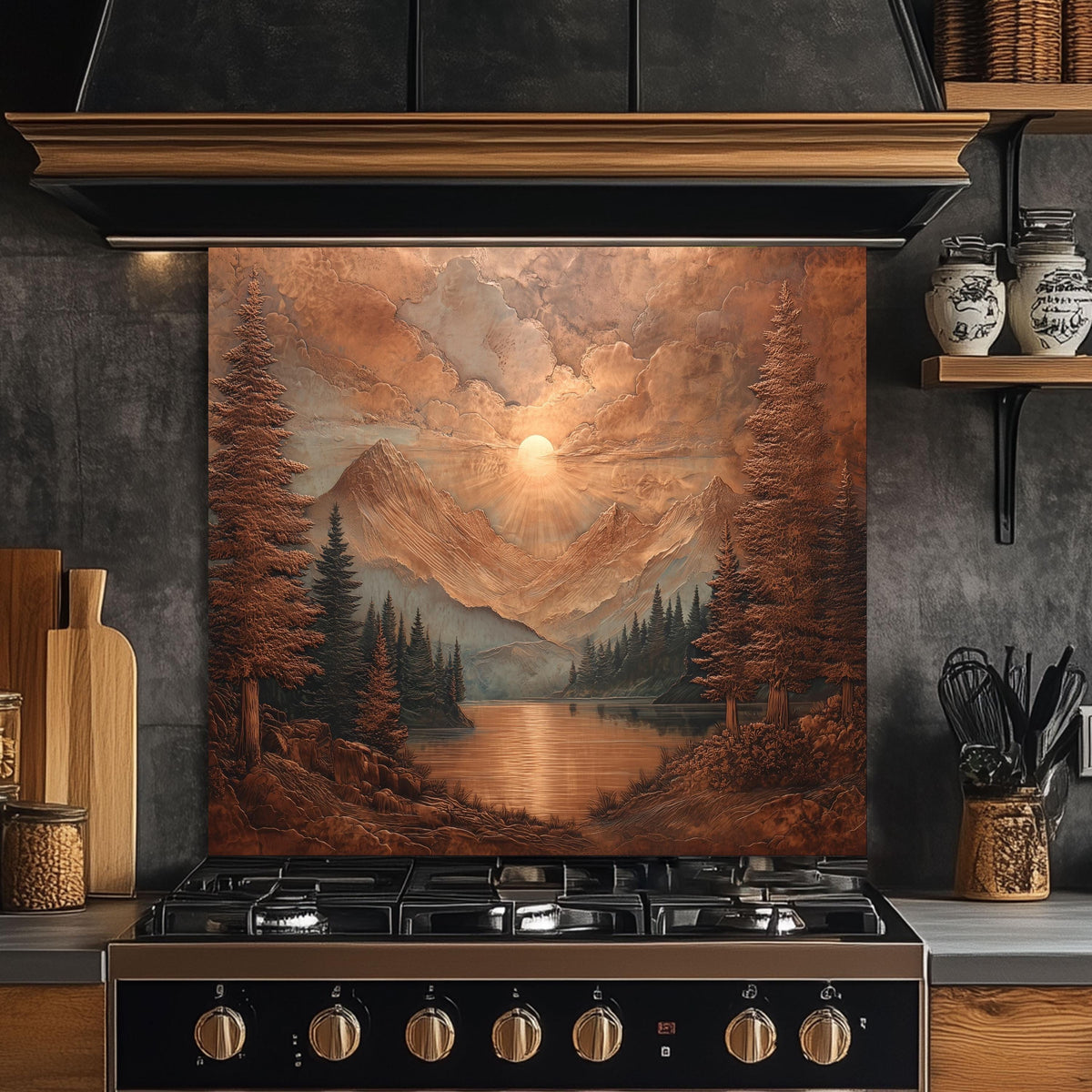 May include: A landscape painting of a mountain lake scene with a sunset. The artwork features a warm color palette of orange, brown, and blue. The painting is mounted above a black gas stove in a kitchen setting.