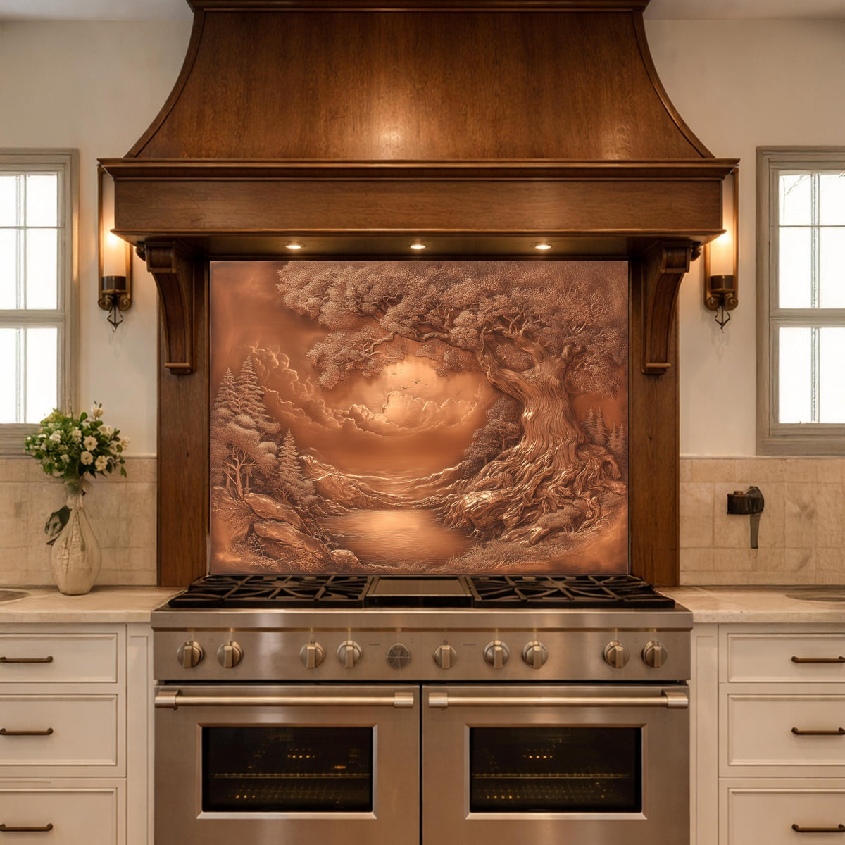 Ancient Tree & Morning Mist Tempered Glass Backsplash, Copper Relief Look Wall Panel, Stove Guard