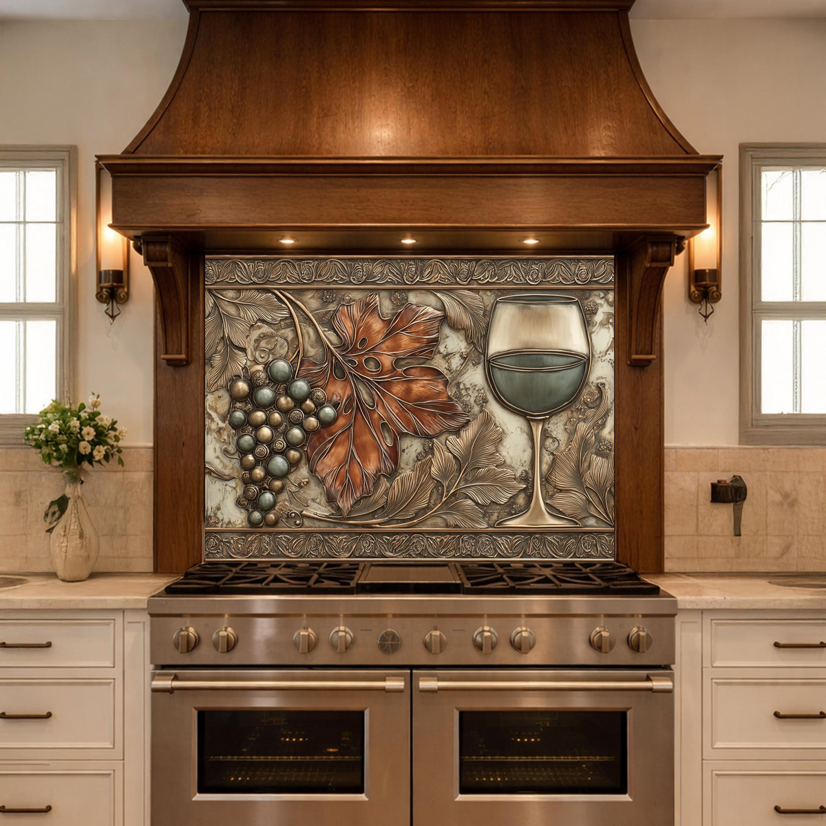 Red Wine & Grapes Tempered Glass Backsplash, Copper Relief Look Wall Panel, Stove Guard