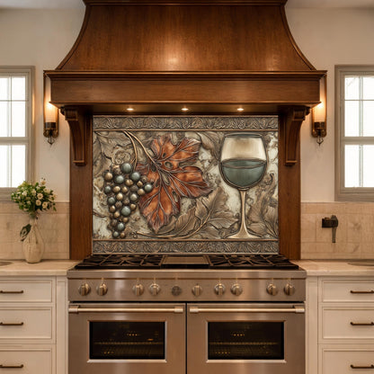 Red Wine & Grapes Tempered Glass Backsplash, Copper Relief Look Wall Panel, Stove Guard