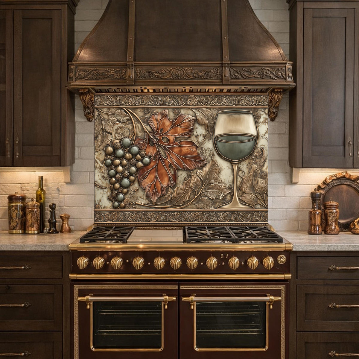 Red Wine & Grapes Tempered Glass Backsplash, Copper Relief Look Wall Panel, Stove Guard