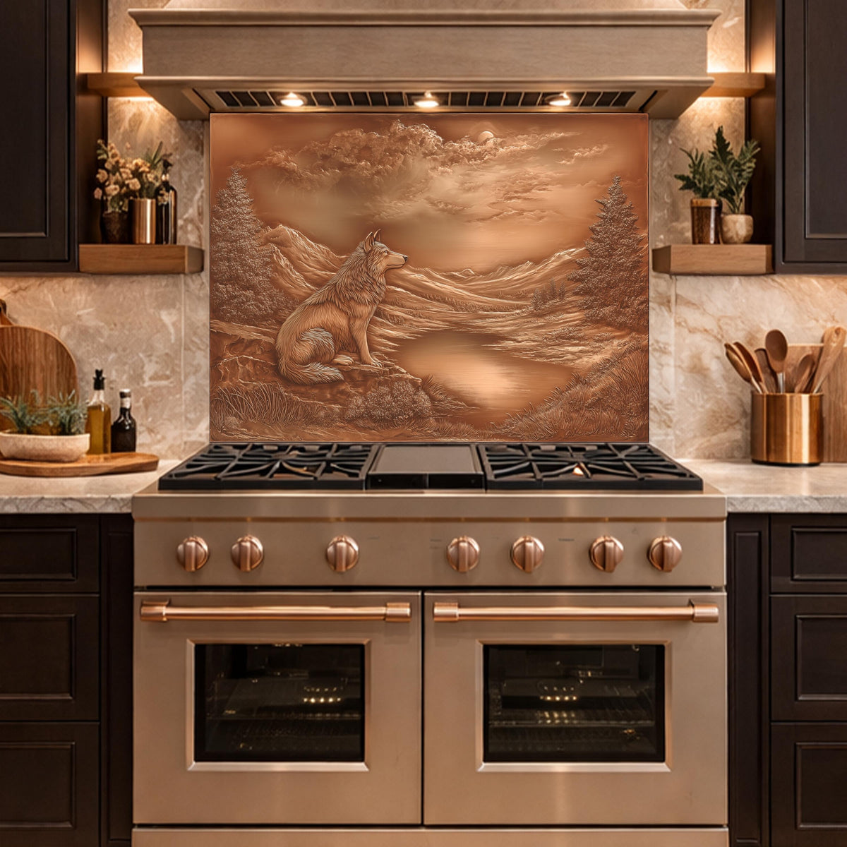 Noble Wolf Mountain Lake Tempered Glass Backsplash, Copper Relief Visual Effect Stove Guard
