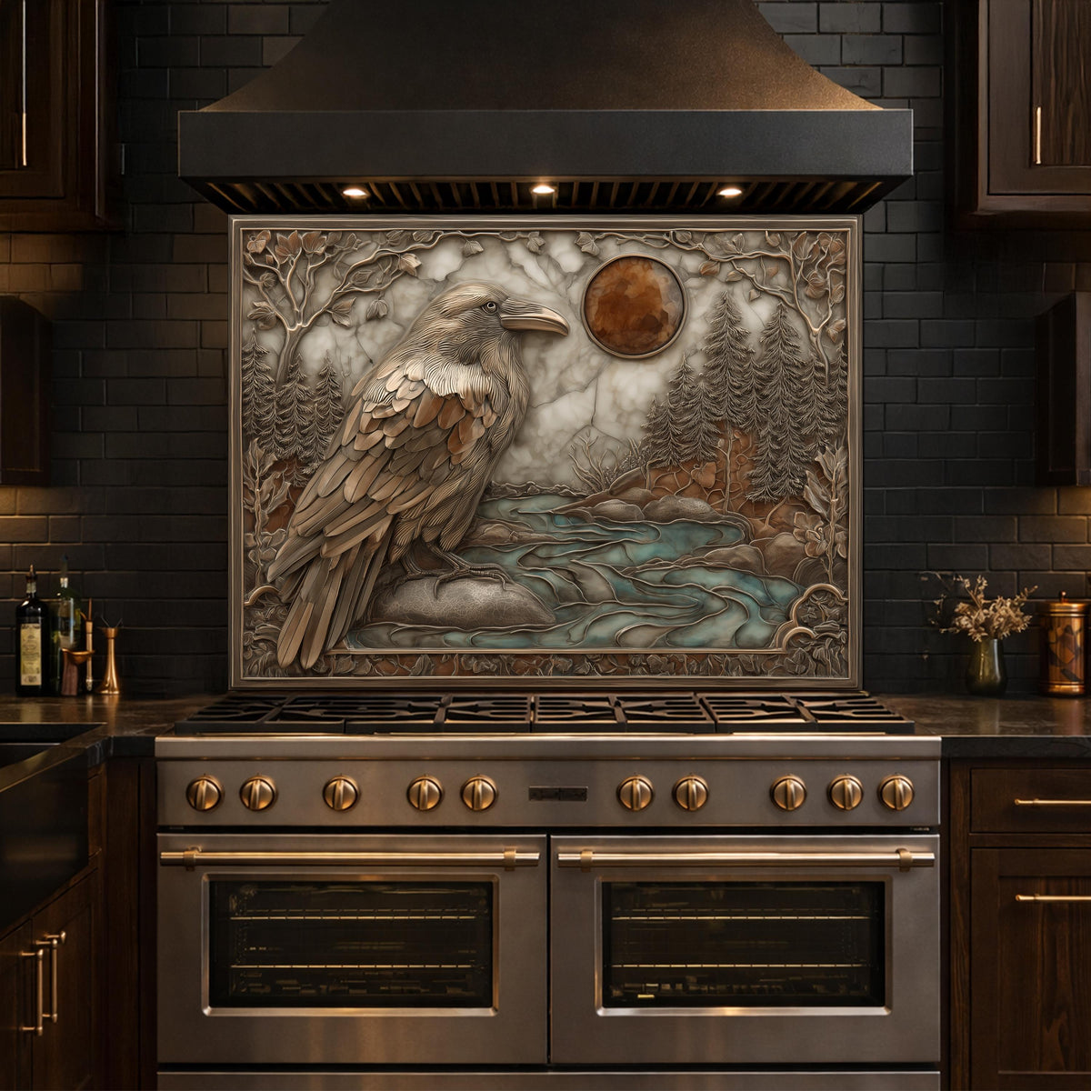Mythical Raven & Forest River Tempered Glass Backsplash, Copper Relief Look Wall Panel, Stove Guard