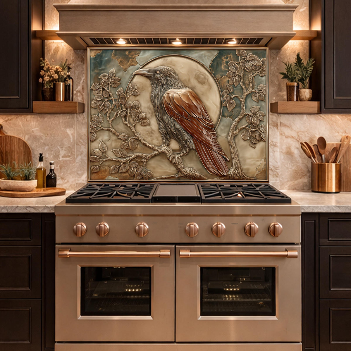Mythical Raven & Full Moon Tempered Glass Backsplash, Copper Relief Look Wall Panel, Stove Guard