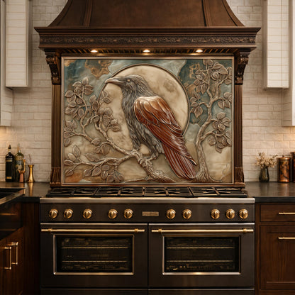 Mythical Raven & Full Moon Tempered Glass Backsplash, Copper Relief Look Wall Panel, Stove Guard