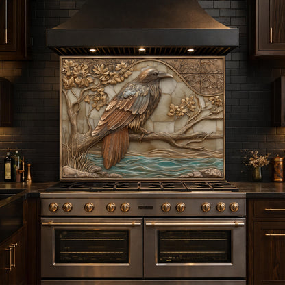 Mythical Raven Tempered Glass Backsplash, Copper Relief Look Wall Panel, Stove Guard