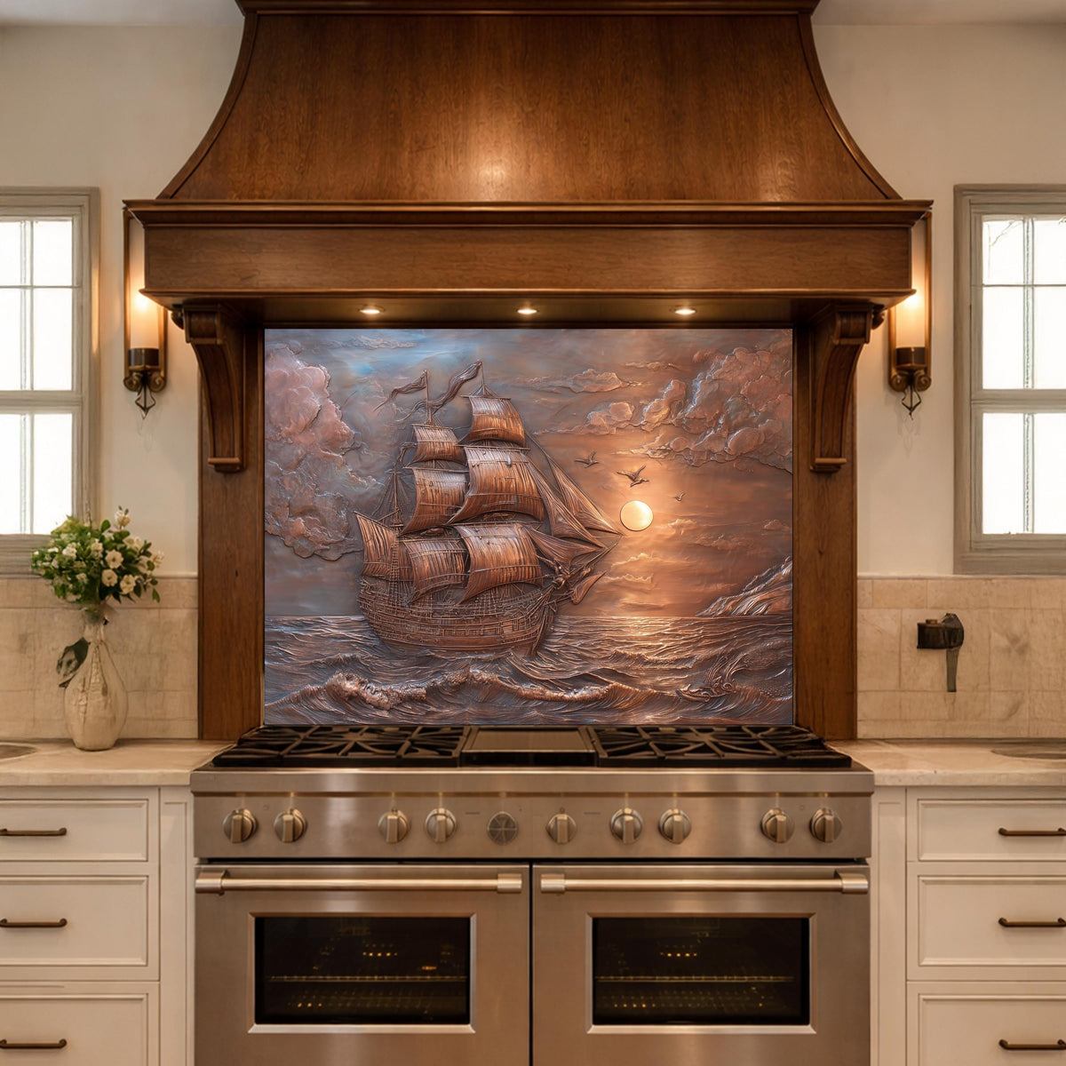 Sailing Ship at Sunset Tempered Glass Backsplash, Copper Relief Look Wall Panel