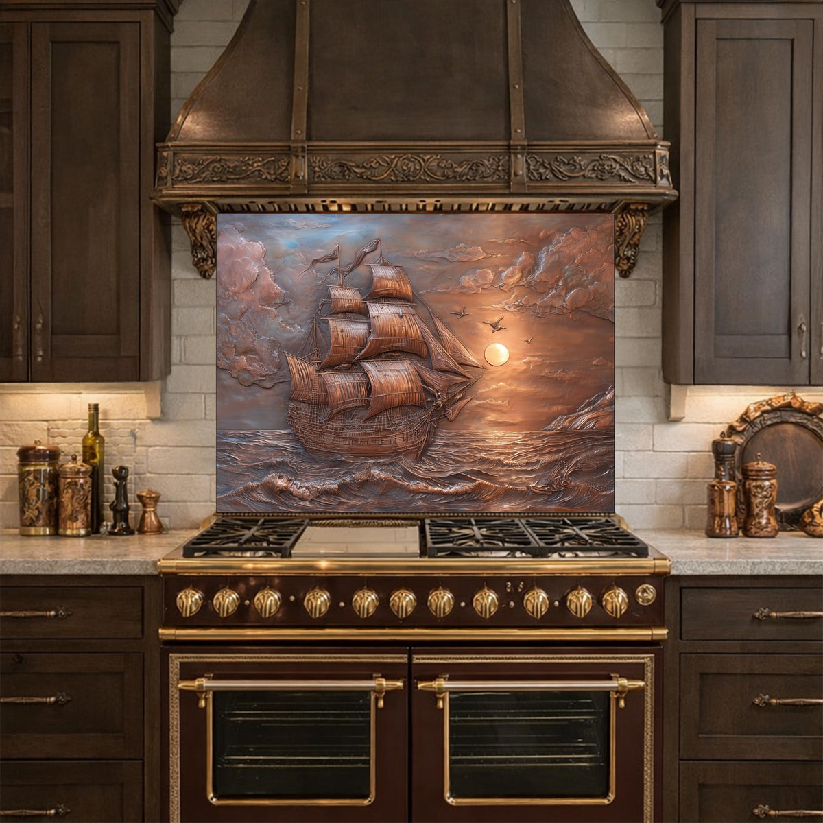 Sailing Ship at Sunset Tempered Glass Backsplash, Copper Relief Look Wall Panel