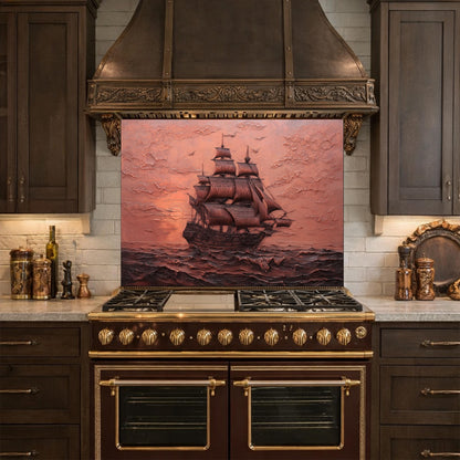 Maritime Sailing Ship Tempered Glass Backsplash, Copper Relief Look Wall Panel, Stove Guard