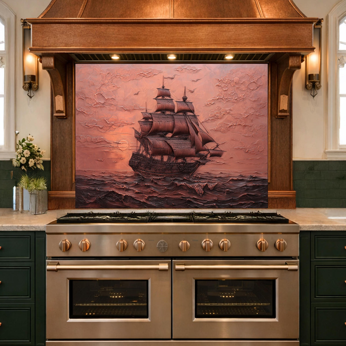 Maritime Sailing Ship Tempered Glass Backsplash, Copper Relief Look Wall Panel, Stove Guard