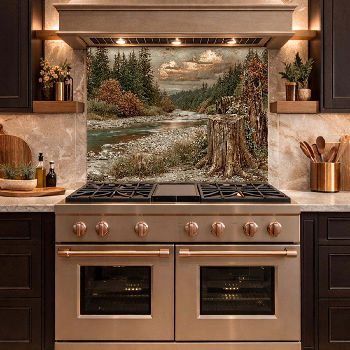 Mountain River Landscape Tempered Glass Backsplash, Copper Relief Look Wall Panel, Stove Guard