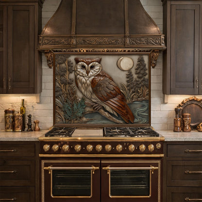 Moonlit Owl and Forest Tempered Glass Backsplash, Copper Relief Look Wall Panel