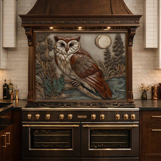 Moonlit Owl and Forest Tempered Glass Backsplash, Copper Relief Look Wall Panel