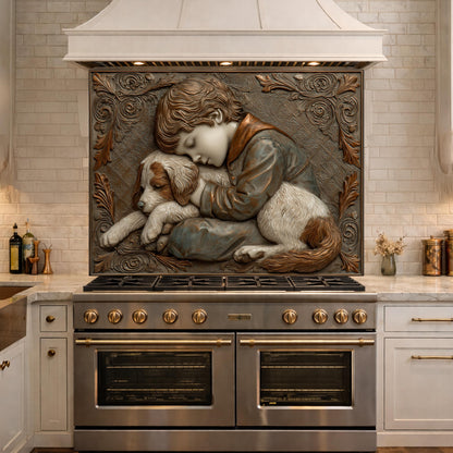 Young Boy and Puppy Tempered Glass Backsplash, Copper Relief Look Wall Panel, Stove Guard