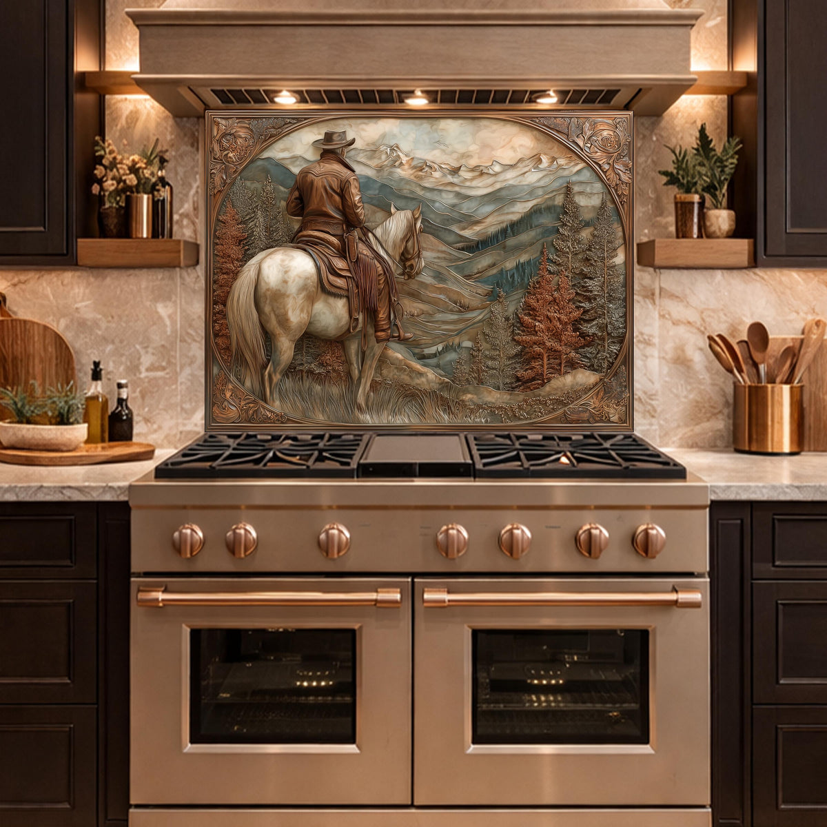 Mountain Ridge Cowboy Tempered Glass Backsplash, Copper Relief Look Wall Panel, Stove Guard