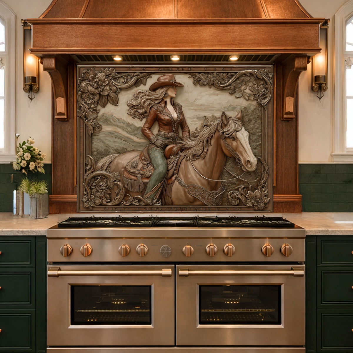 Graceful Cowgirl and Horse Tempered Glass Backsplash, Copper Relief Look Wall Panel, Stove Guard