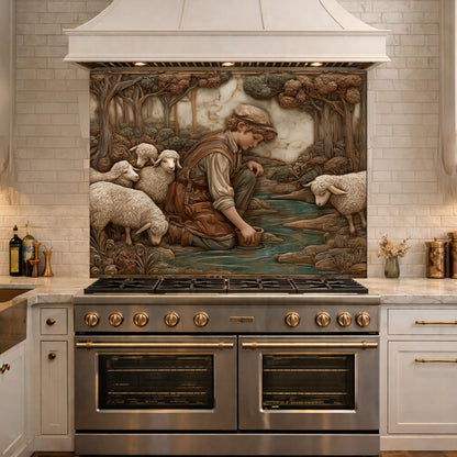 Shephard and Sheep Copper Backsplash, Tempered Glass Stove Backsplash