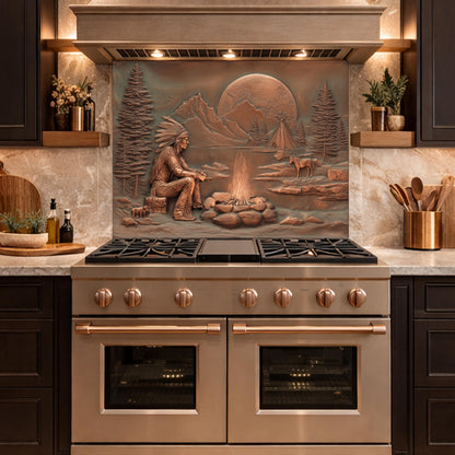 Native American Chief and Teepee Tempered Glass Backsplash, Copper Relief Look Wall Panel