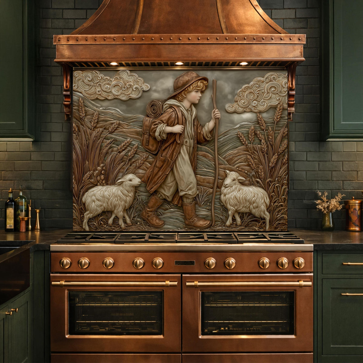 Young Shepherd and Wheat Field Tempered Glass Backsplash, Copper Relief Look Wall Panel